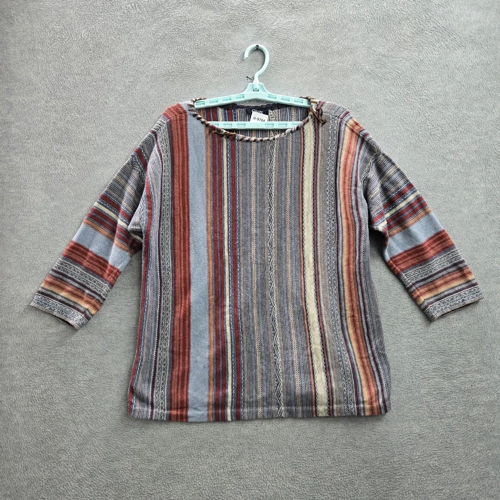 Chaps Denim Women Sweatshirt‎ L Blue Striped Boho 3/4 Sleeve